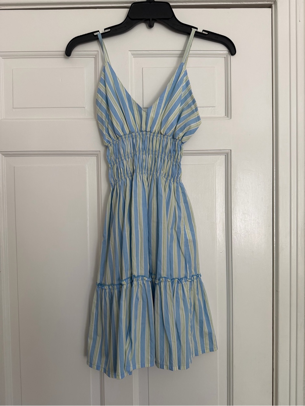 Light Blue & White Striped Smocked Mini Dress